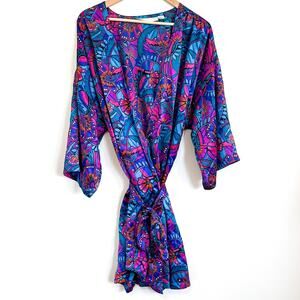 Vintage Erika Taylor Satin Womens Bath Robe Size M Purple Teal Floral Coquette